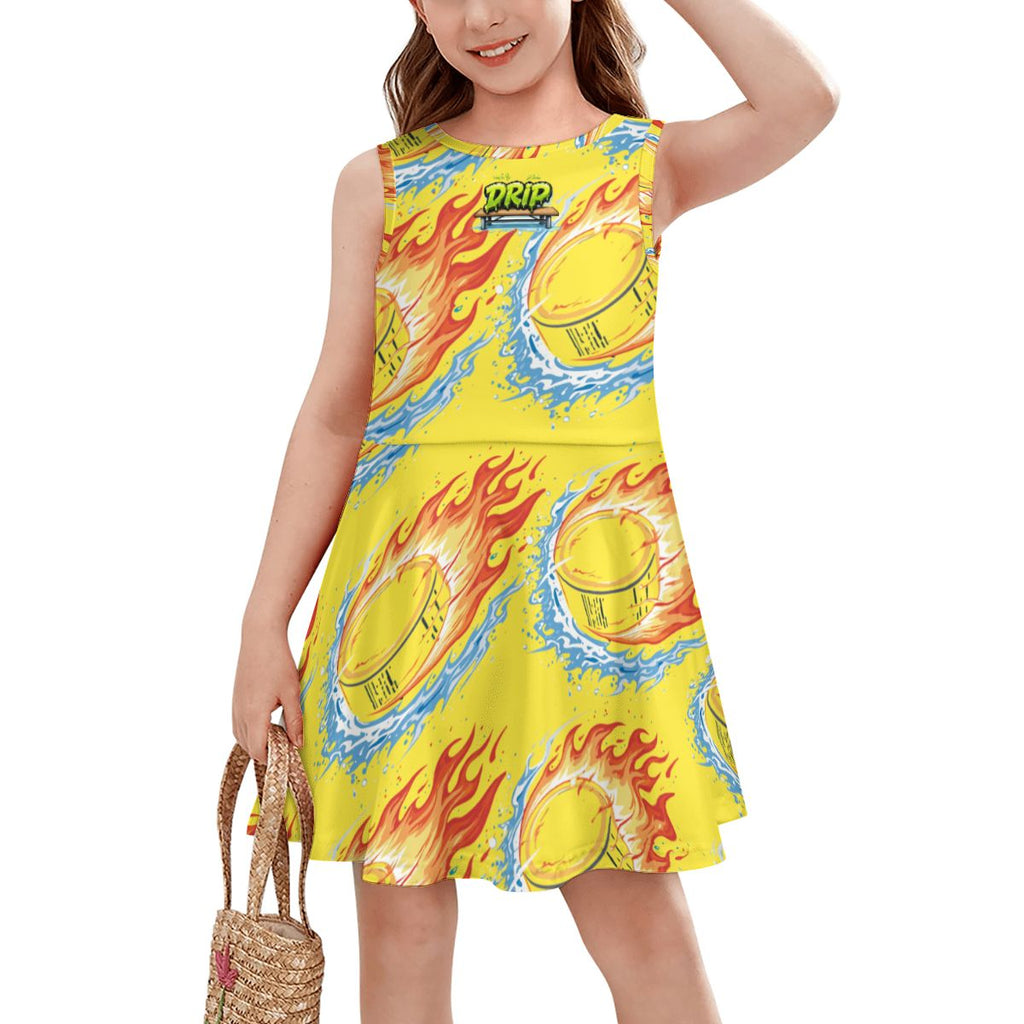 Girl's Game Day Dress - Flamin Hockey Pucks Yellow