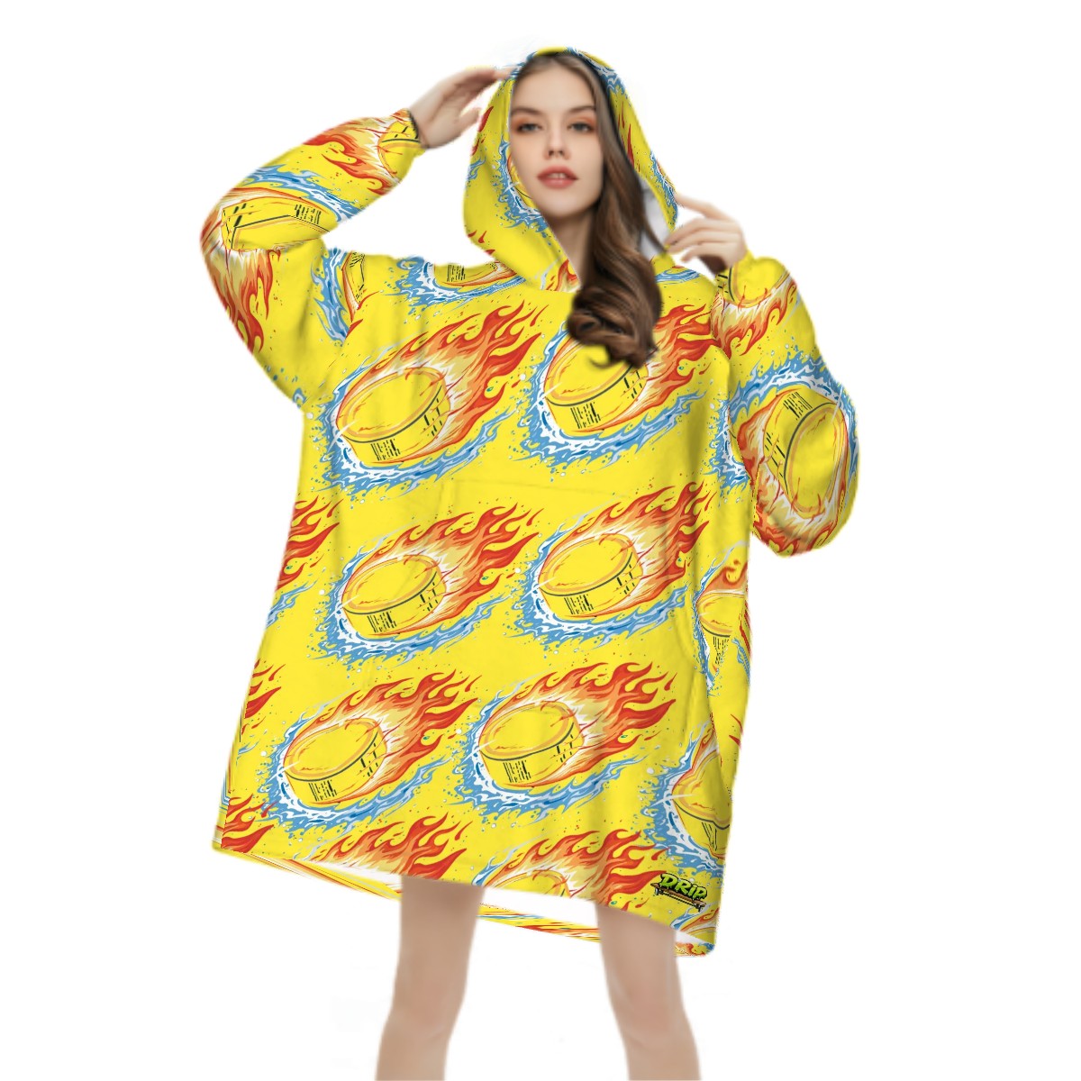 Adult Blanket Sweatshirt - Flamin Hockey Pucks Yellow