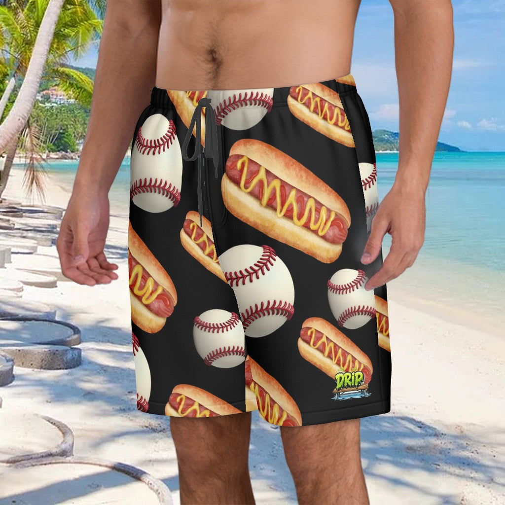 Men/Teen Swim Shorts - Baseballs and Hotdogs Black