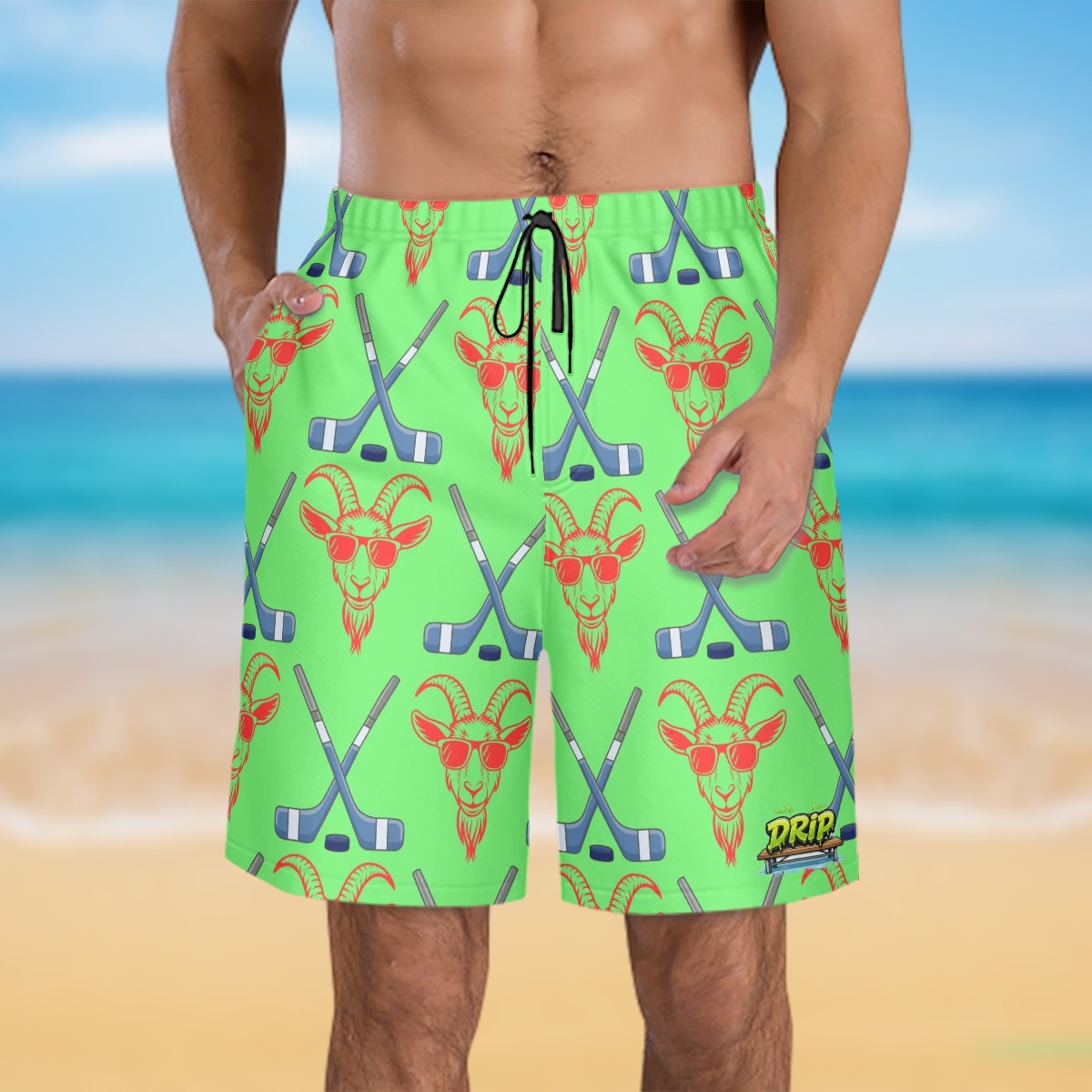 Men/Teen Swim Shorts - Goated Hockey Hot Green