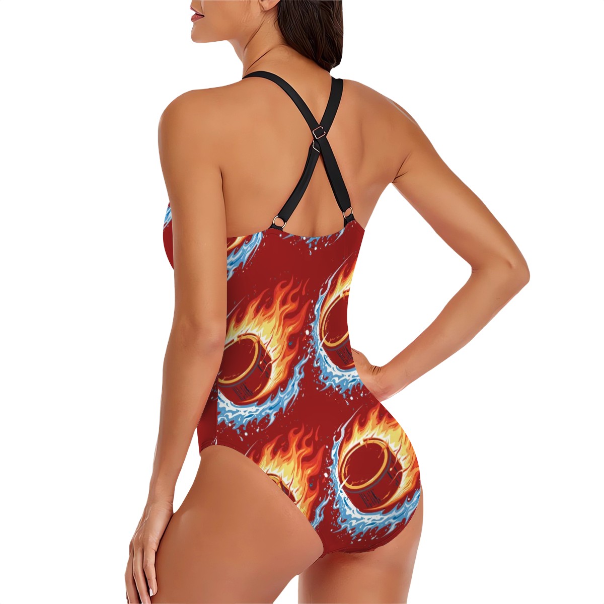 Cross-Back One Piece Swimsuit Women - Flamin Hockey Pucks Classic Red