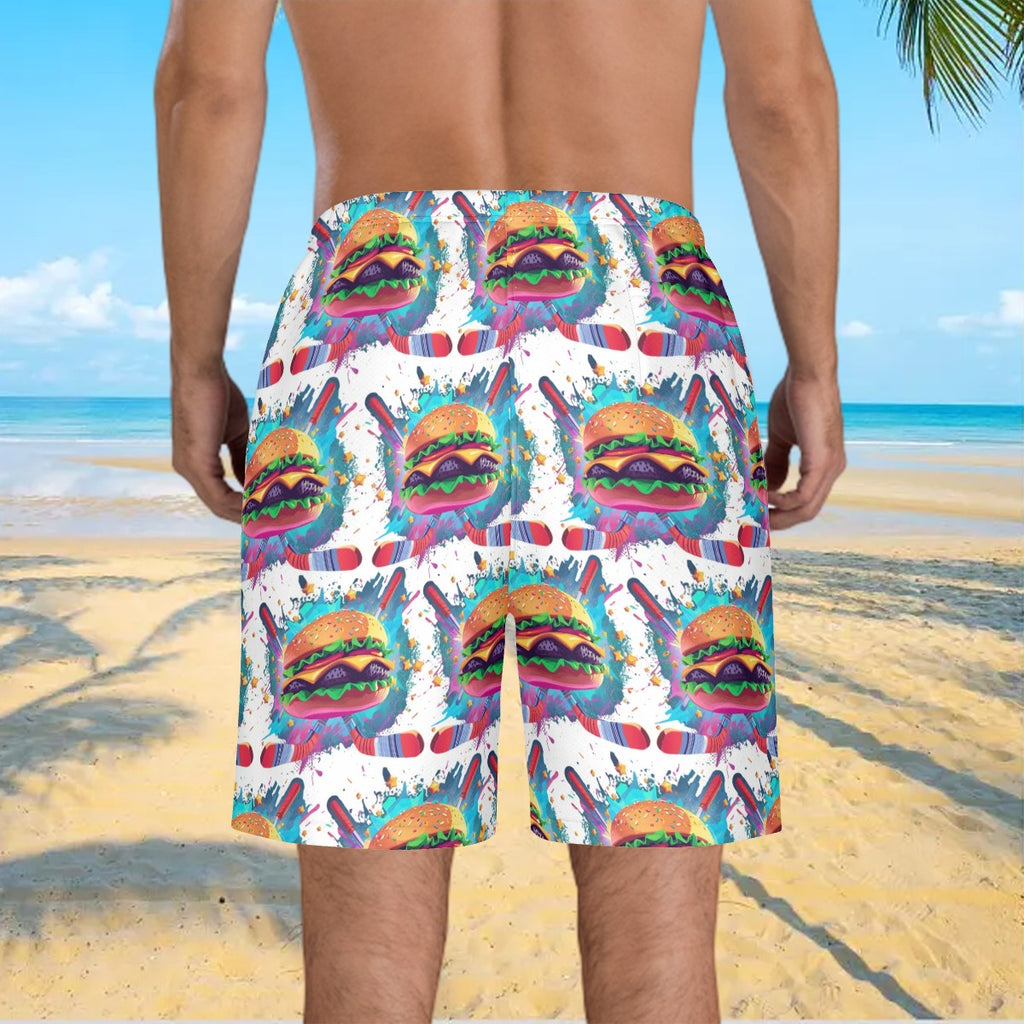 Men/Teen Swim Shorts - Cheeseburger and Hockey Sauce White