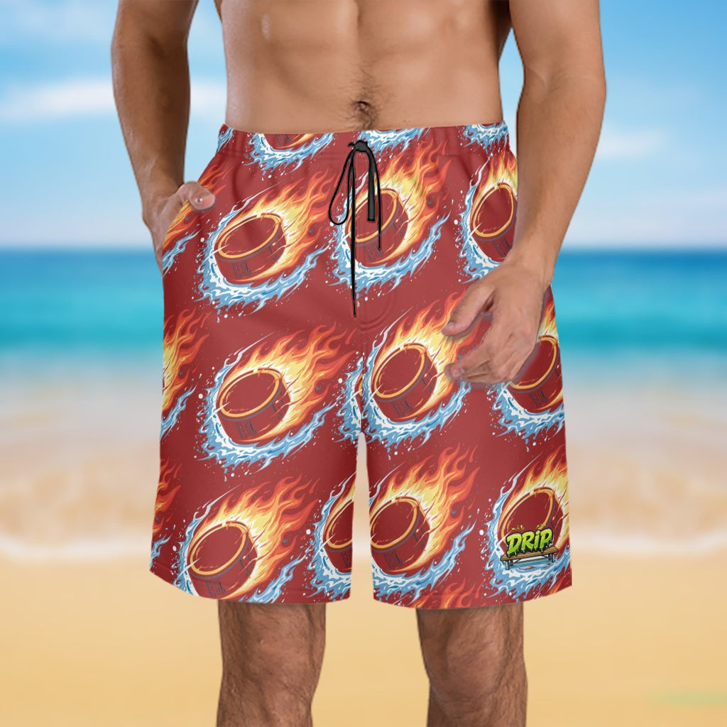 Men/Teen Swim Shorts - Flamin Hockey Pucks Classic Red