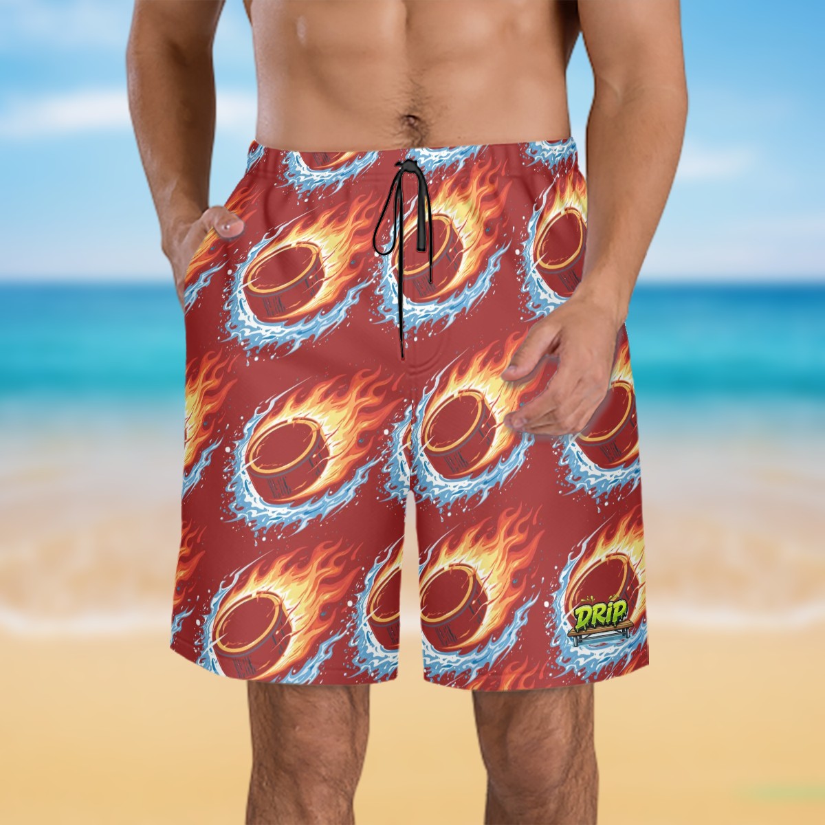 Men/Teen Swim Shorts - Flamin Hockey Pucks Classic Red