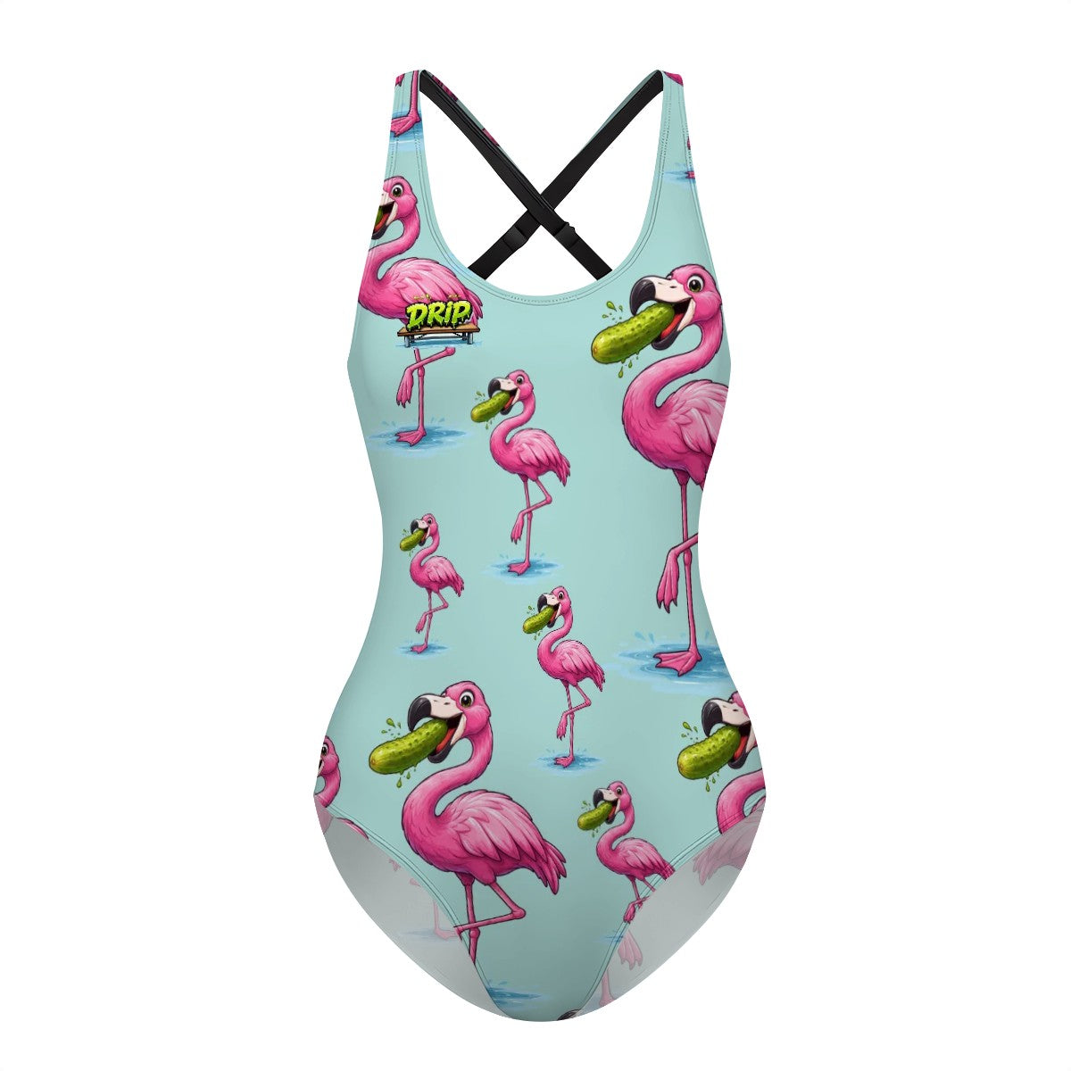 Cross-Back One Piece Swimsuit Women - Flamingo Pickle Seafoam