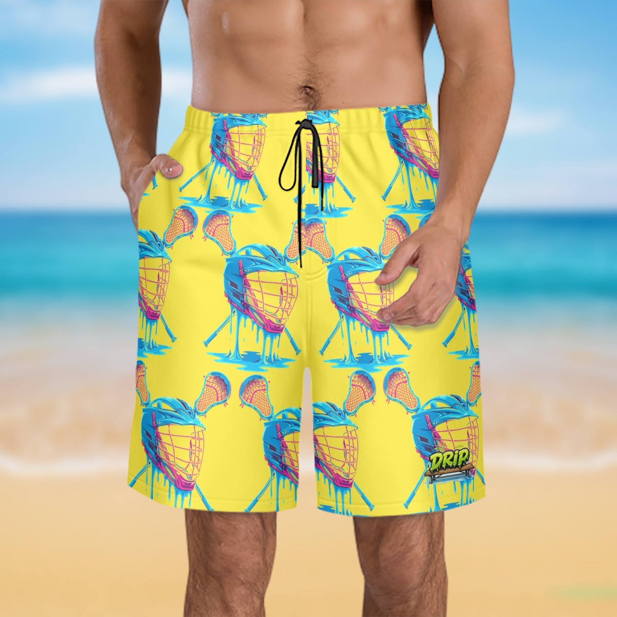 Men/Teen Swim Shorts - Lacrosse Helmet Sticks Yellow