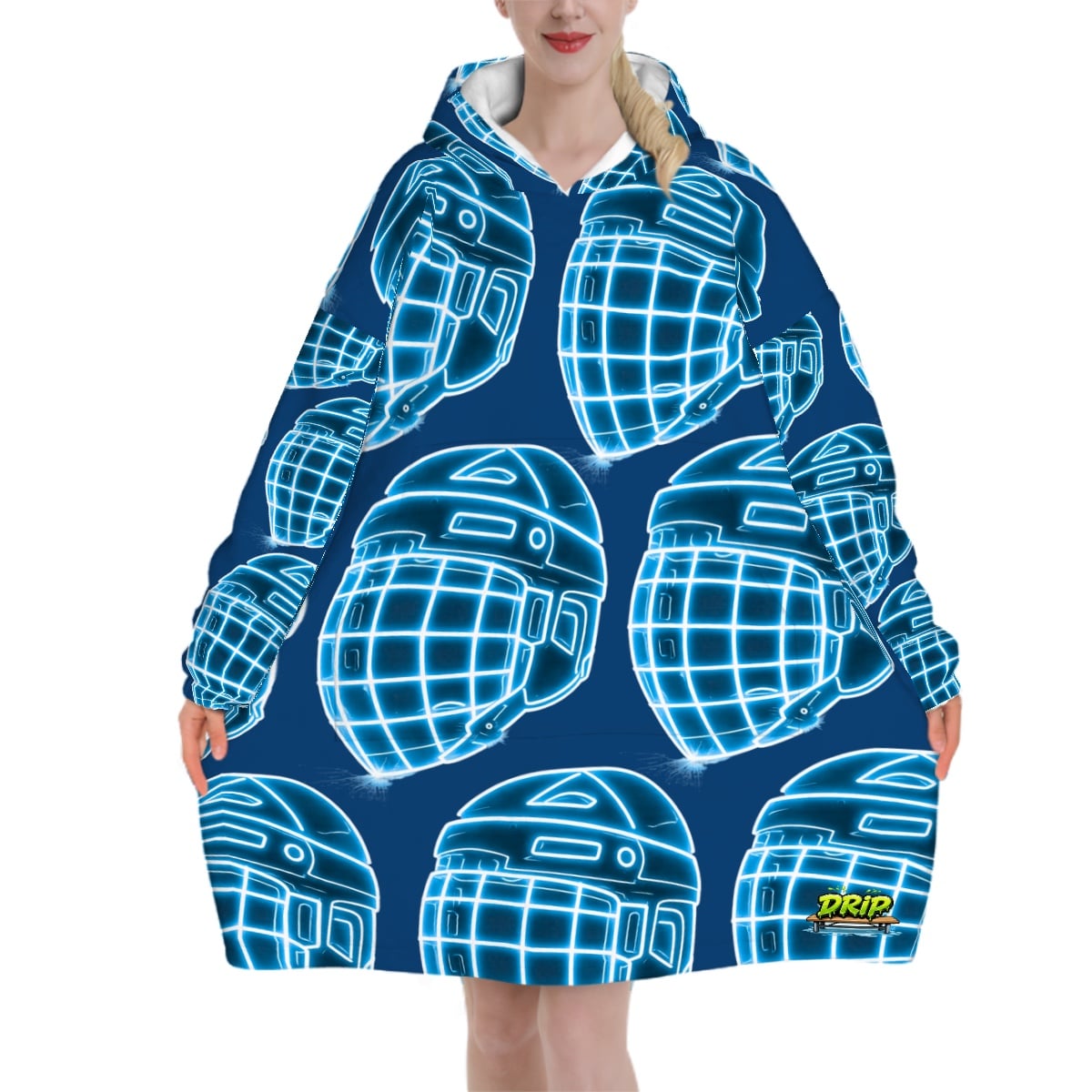 Adult Blanket Sweatshirt - Hockey Helmet Neon Blue Midnight