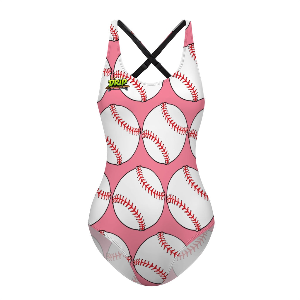 Cross-Back One Piece Swimsuit Women - Classic Baseball Pink