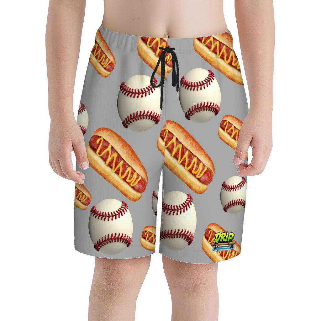 Youth Swim Shorts - Baseball and Hotdogs Grey