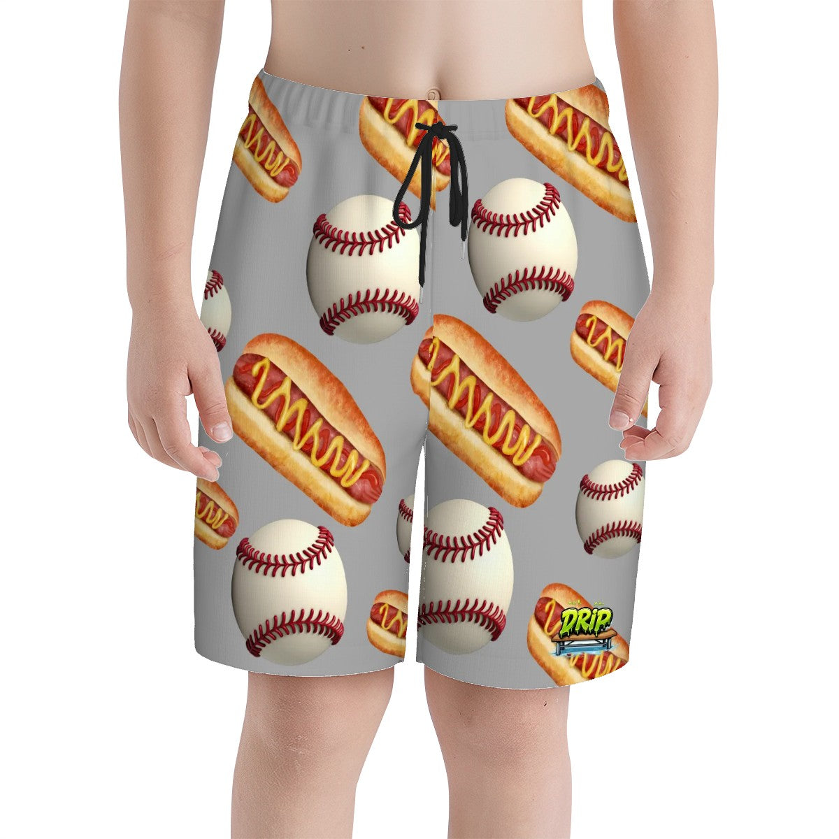 Youth Swim Shorts - Baseball and Hotdogs Grey
