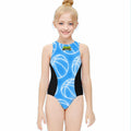 Girls One Piece Swimsuits - Neon White Basketballs Sky Blue