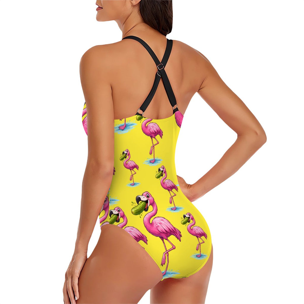 Cross-Back One Piece Swimsuit Women - Flamingo Pickle Yellow