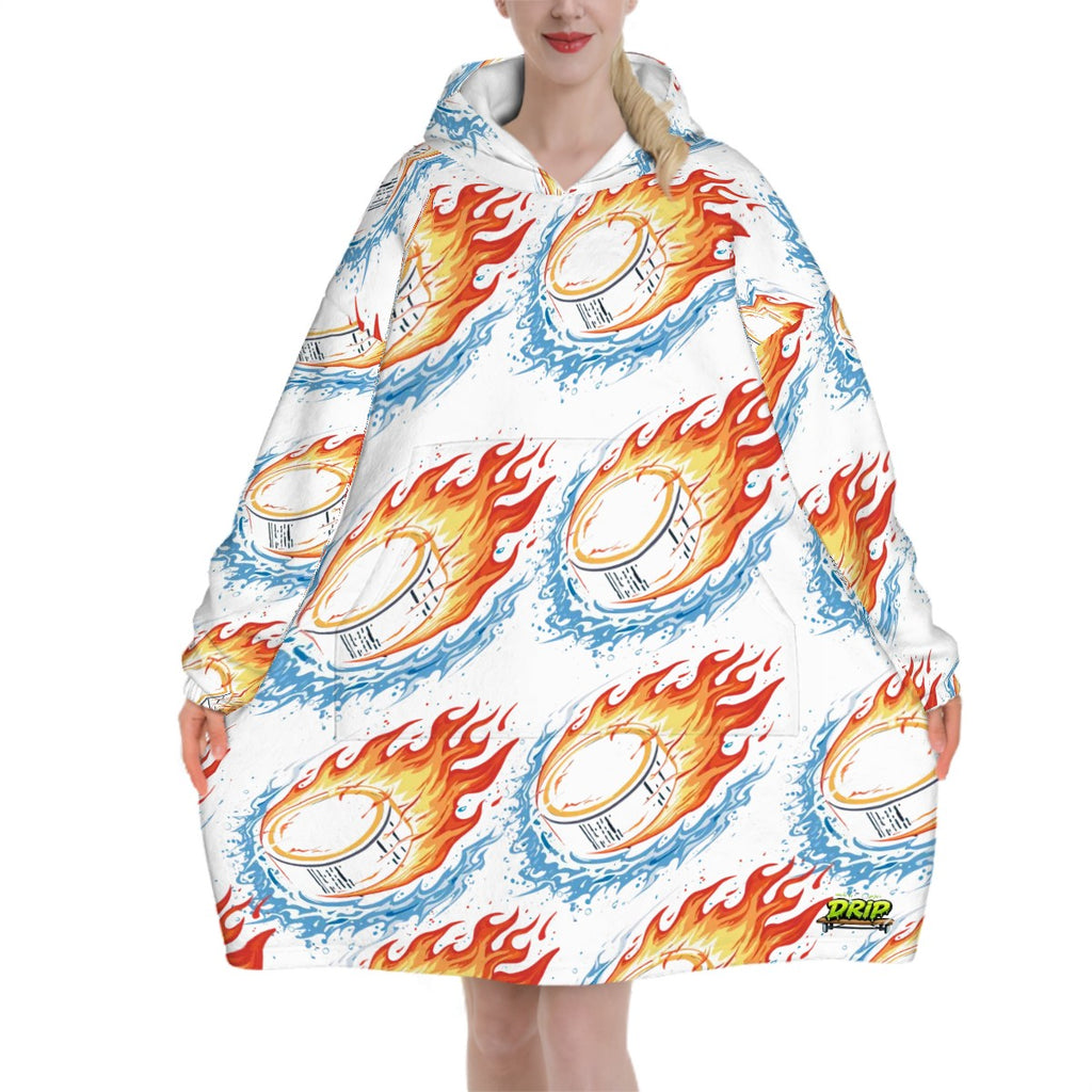 Adult Blanket Sweatshirt - Flamin Hockey Pucks White