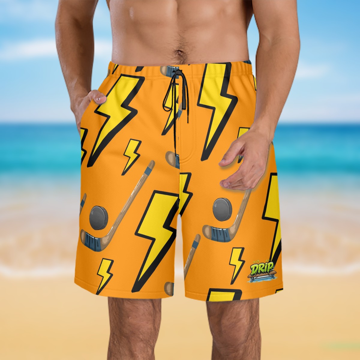 Men/Teen Swim Shorts - Lightning Bolts and Hockey Sticks Orange