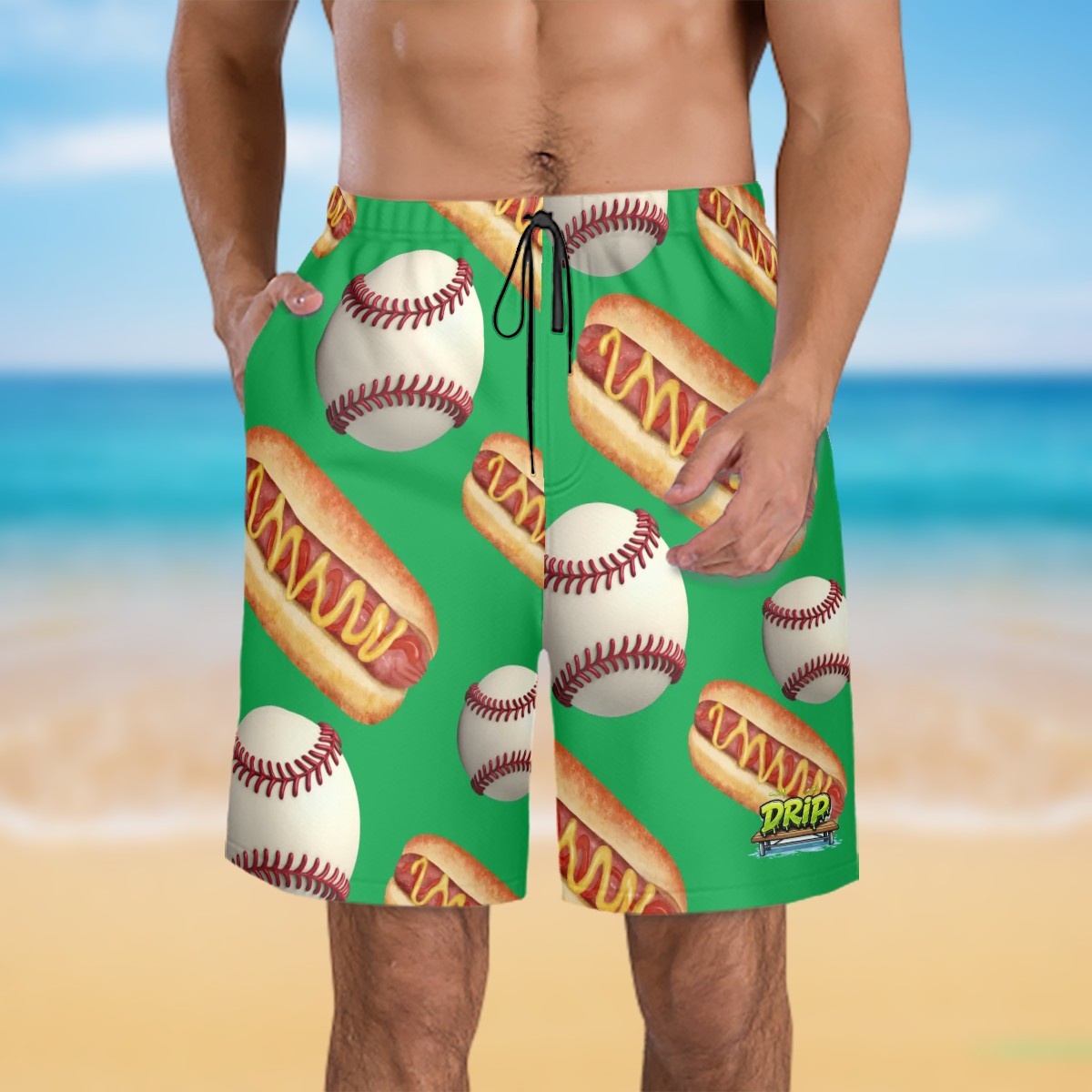 Men/Teen Swim Shorts - Baseballs and Hotdogs Green