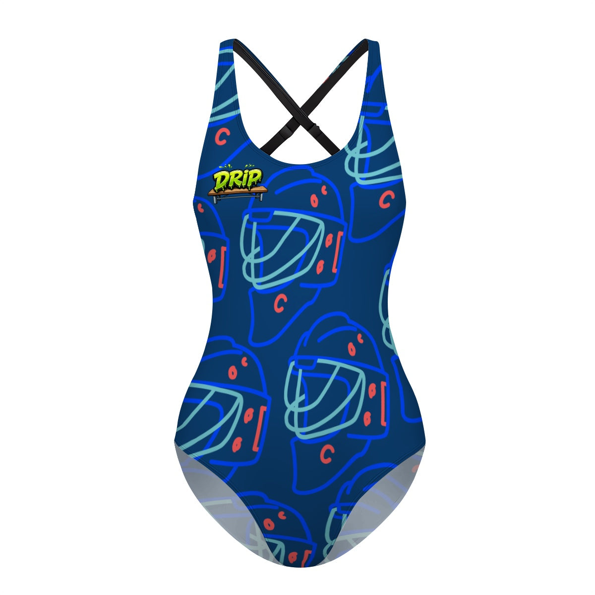 Cross-Back One Piece Swimsuit Women - Goalie Helmet Sketch Midnight