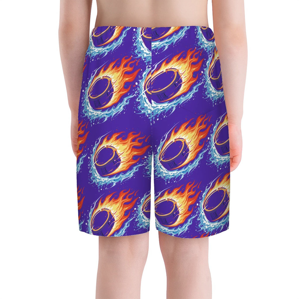 Youth Swim Shorts - Flamin Hockey Pucks Royal Purple