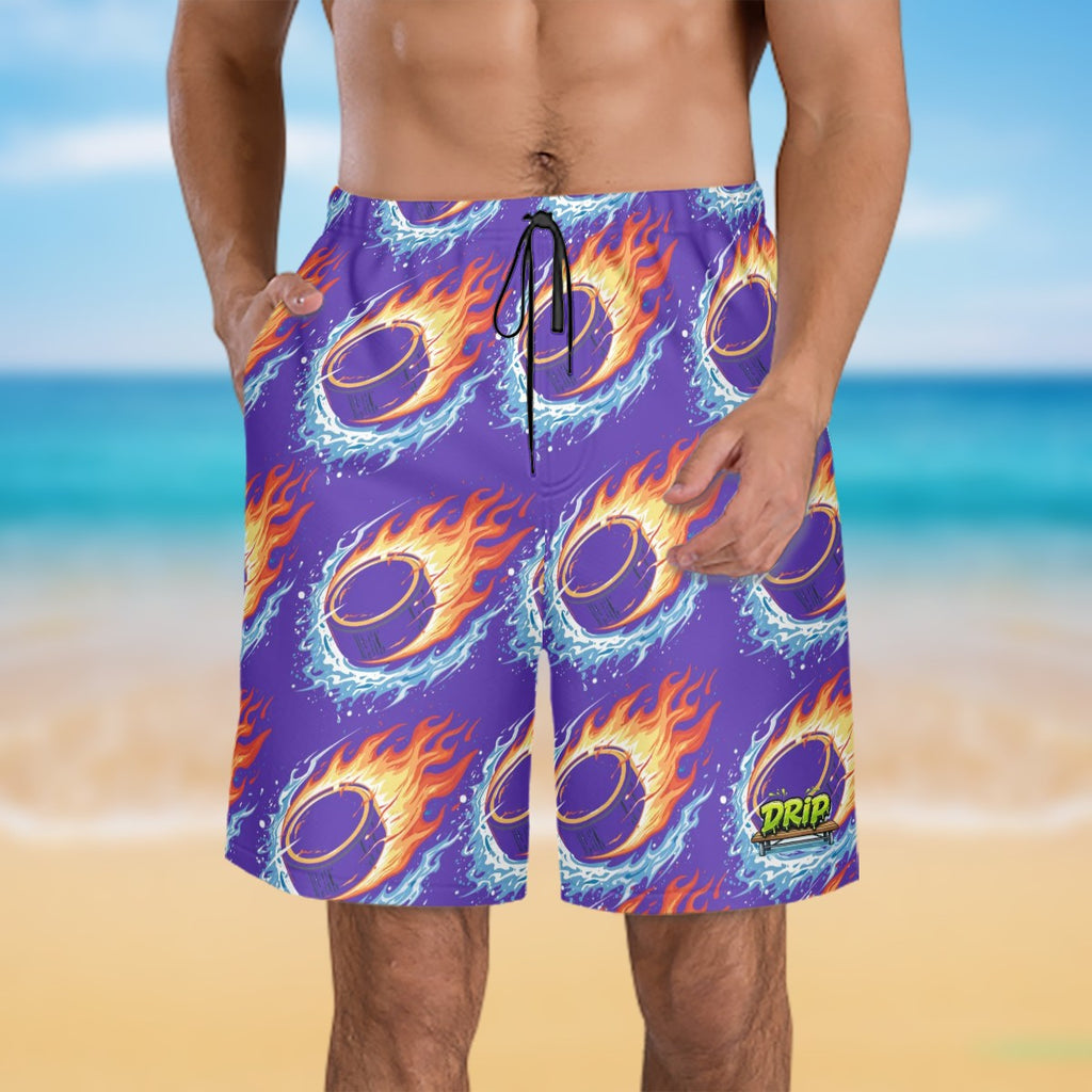 Men/Teen Swim Shorts - Flamin Hockey Pucks Royal Purple