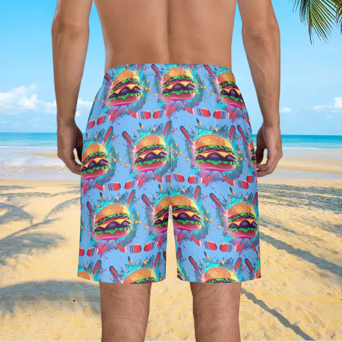 Men/Teen Swim Shorts - Cheeseburger and Hockey Sauce Blue
