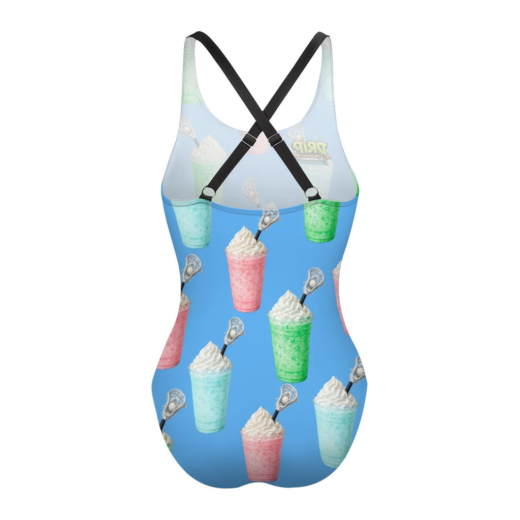 Cross-Back One Piece Swimsuit Women - Ice Cream Lacrosse Sky Blue