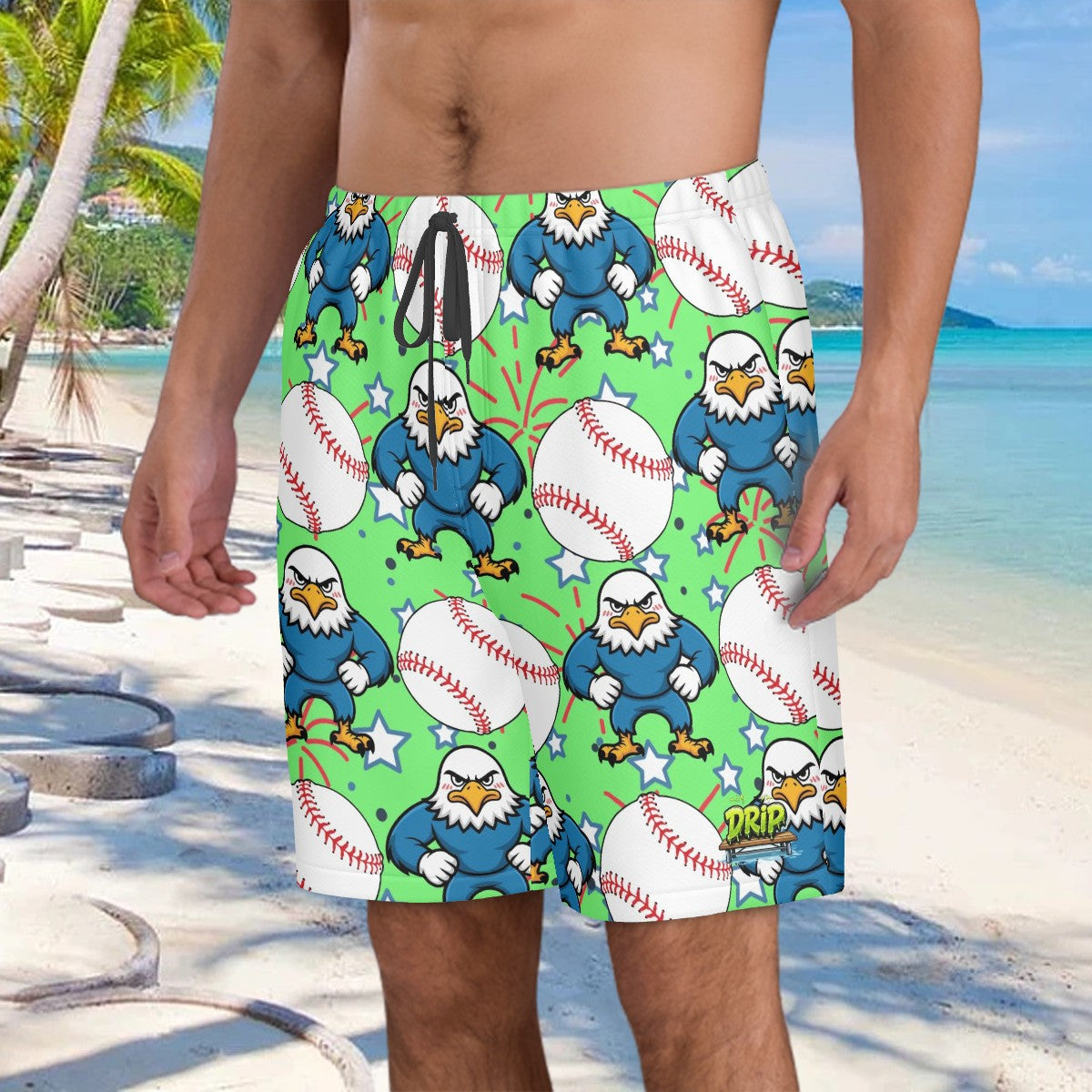 Men/Teen Swim Shorts - Stars and Strikes Hot Green