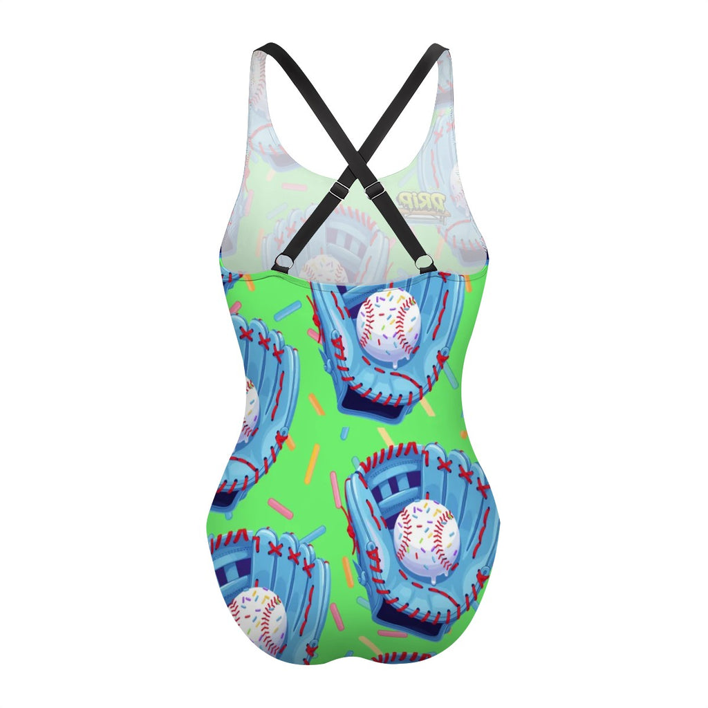 Cross-Back One Piece Swimsuit Women - Baseball Sprinkles Drip Hot Green