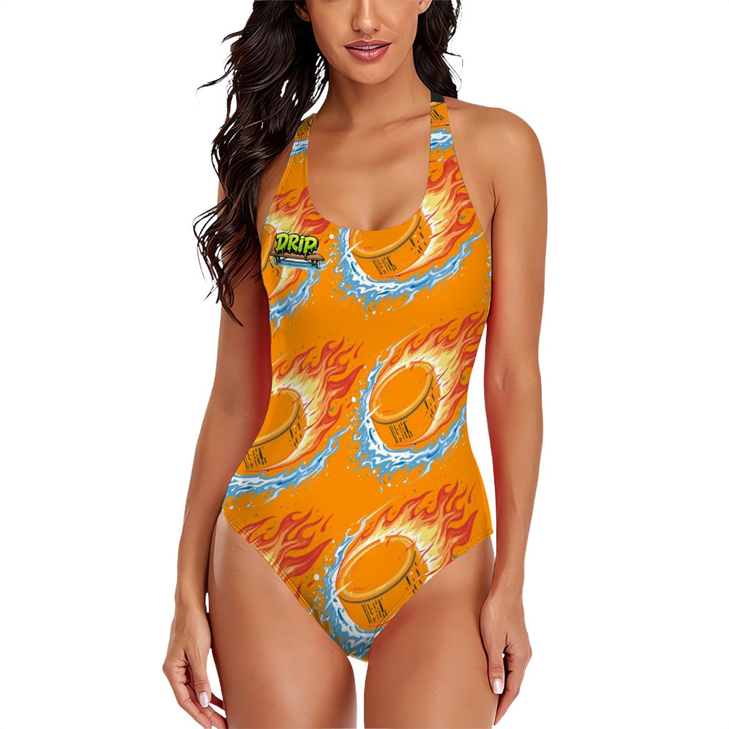 Cross-Back One Piece Swimsuit Women - Flamin Hockey Pucks Orange