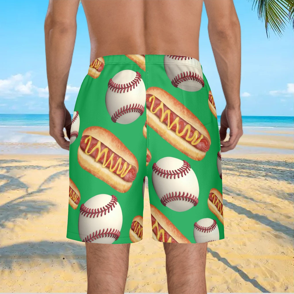 Men/Teen Swim Shorts - Baseballs and Hotdogs Green