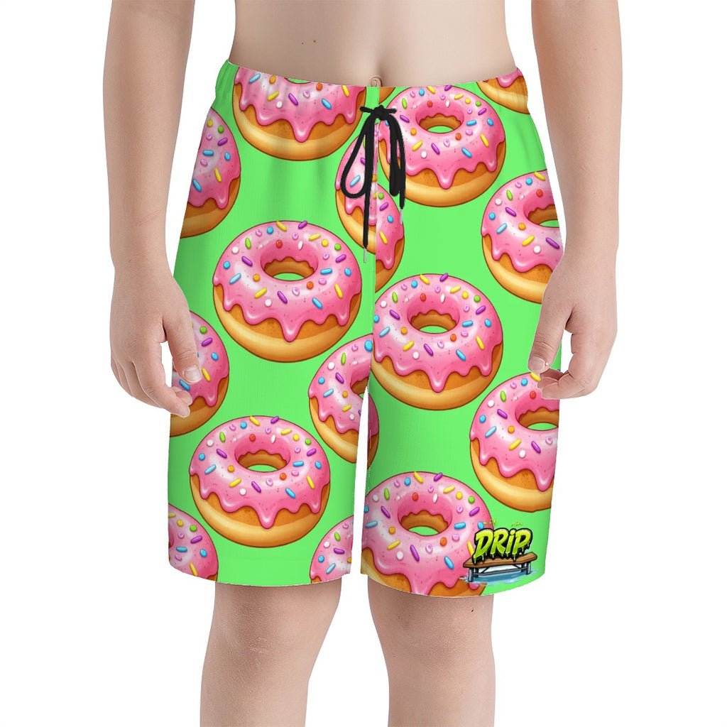 Youth Swim Shorts - Pink Donuts Hot Green