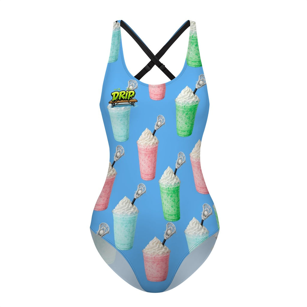 Cross-Back One Piece Swimsuit Women - Ice Cream Lacrosse Sky Blue