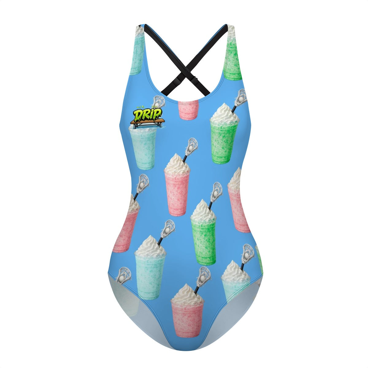 Cross-Back One Piece Swimsuit Women - Ice Cream Lacrosse Sky Blue