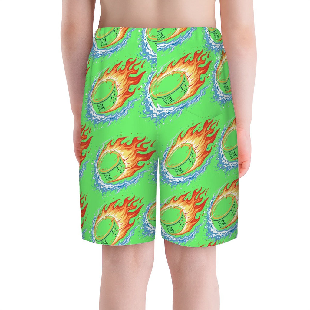 Youth Swim Shorts - Flamin Hockey Pucks Hot Green
