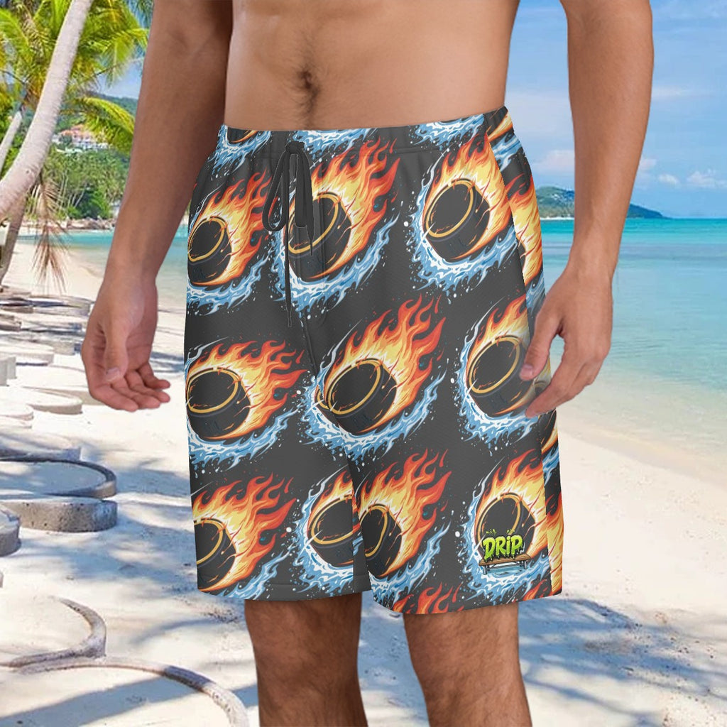 Men/Teen Swim Shorts - Flamin Hockey Pucks Charcoal
