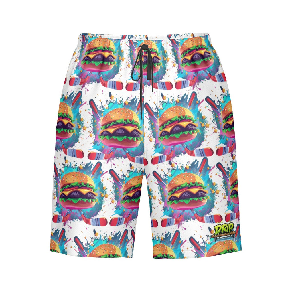 Men/Teen Swim Shorts - Cheeseburger and Hockey Sauce White